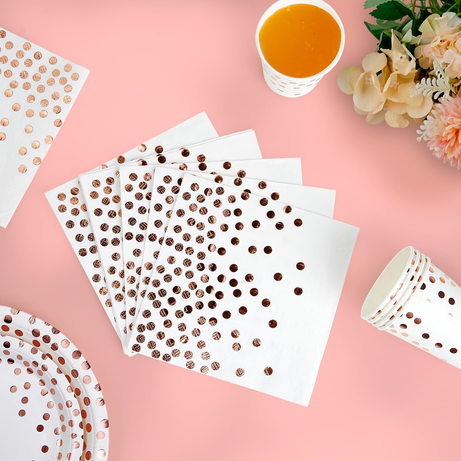 White and Rose Gold Party Supplies - 350 PCS Disposable Dinnerware Set - White Paper Plates Napkins Cups, Gold Plastic Forks Knives Spoon