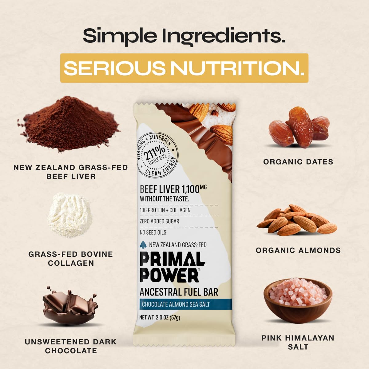 Primal Power Beef Liver Bar 1100mg - New Zealand Grass-Fed, 211% DV B12, 10g Protein Collagen - Zero Added Sugar, No Seed Oils, Gluten Free