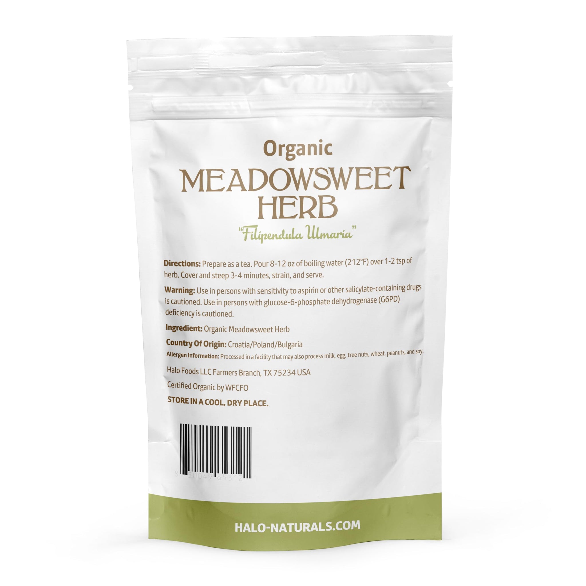 Halo Naturals Organic Meadowsweet Herb Cut & Sifted, 4 Ounces (Filipendula ulmaria) USDA Certified | Resealable Pouch| Packaged in The USA (Pack of 1)
