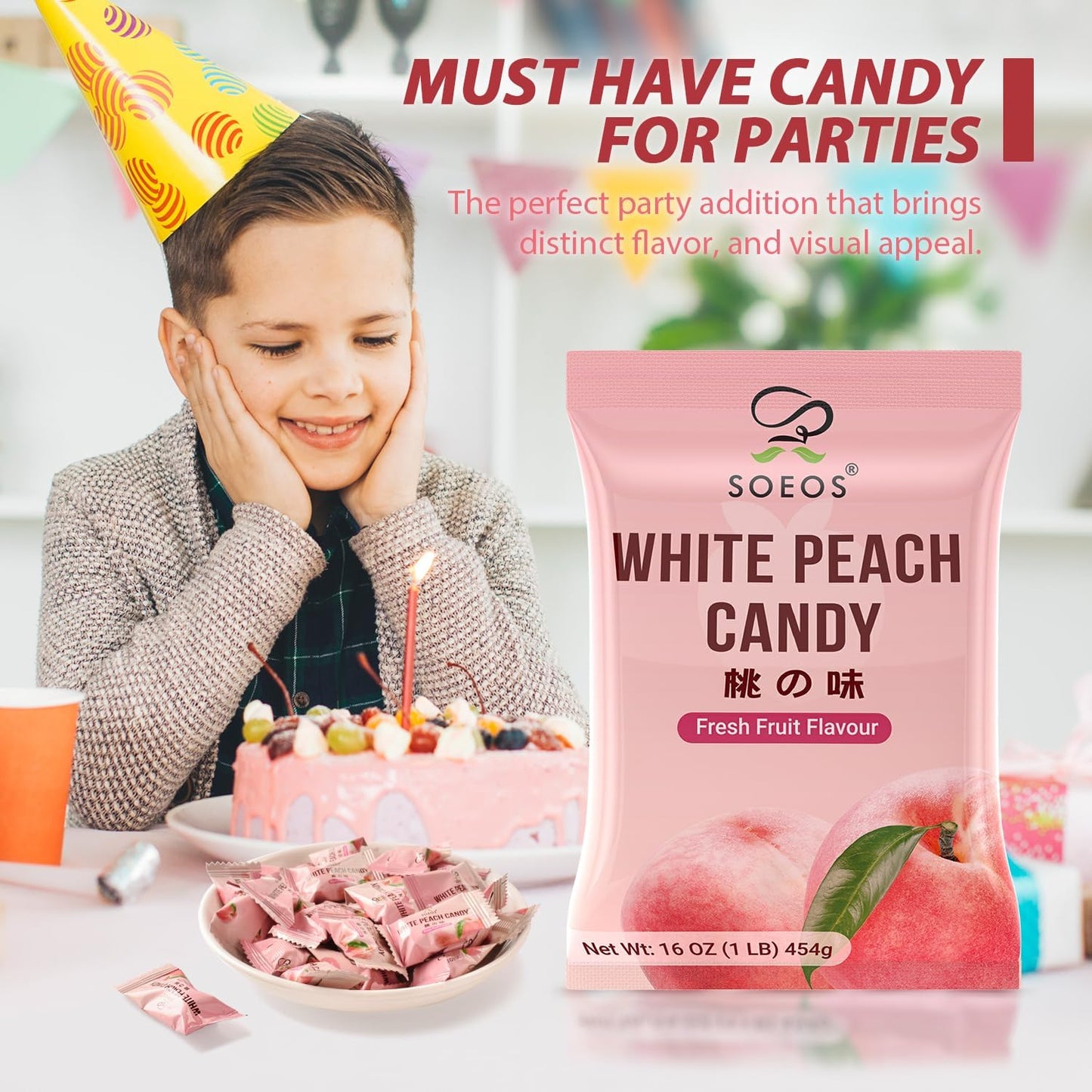 Soeos White Peach Candy, 16oz (1lb), Pack of 2, Juicy Peach Flavor, Individually Wrapped Hard Candies, Sweet & Refreshing Fruit Treats for Sharing