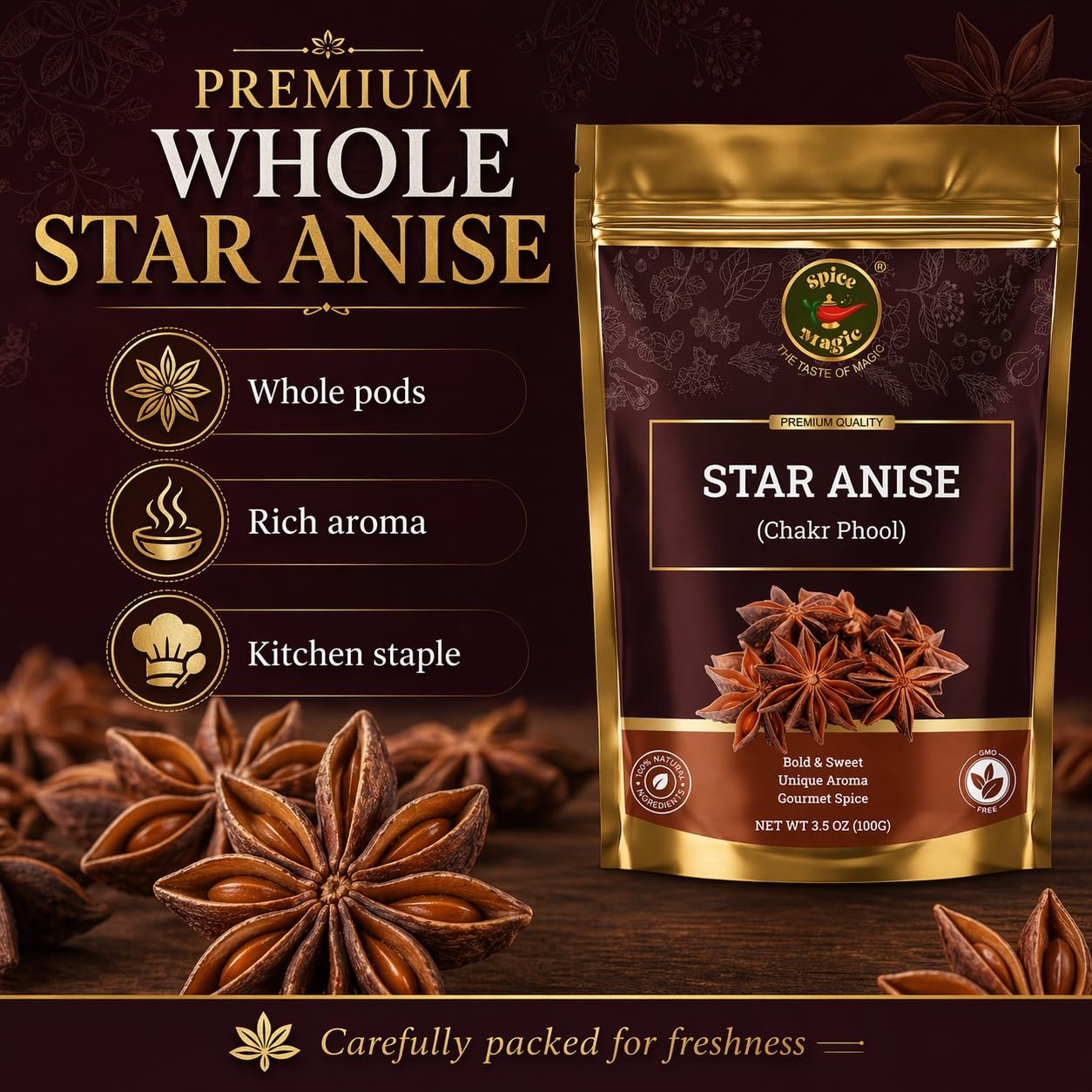 Spice Magic Star Anise Whole 3.5 oz I Perfect for Cooking, Baking, and Brewing Tea I Chinese Star Anise Whole Pods | All-Natural, Gluten Free, Non-GMO