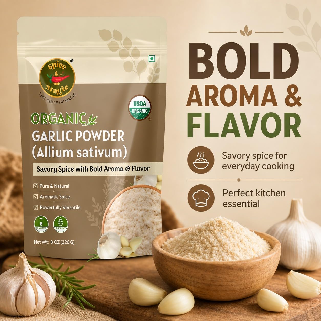 Spice Magic Organic Garlic Powder (Allium sativum),8 oz (226 g) | Finely Ground & Aromatic | Lab Tested,No ETO & Additive-Free | Premium Garlic