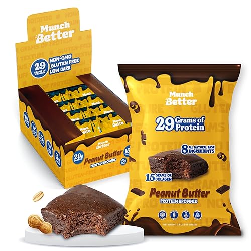 Munch Better Peanut Butter Protein Brownies - High Protein (29g), Gluten-Free, Low Sugar, Collagen-Infused, Clean Ingredients (8 Brownies per Box) |