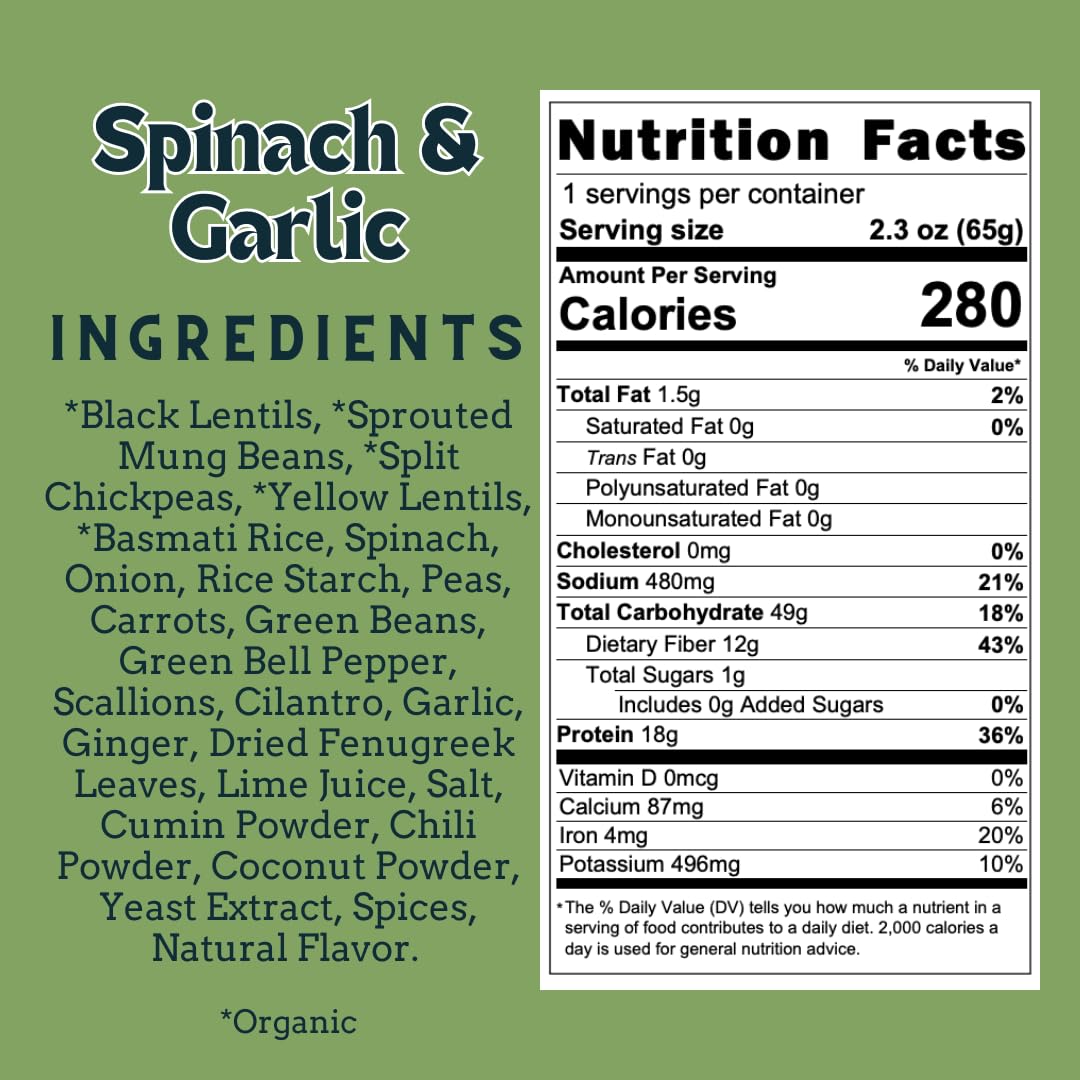 Aahana’s Spinach & Garlic Sprouted Power Bowl - Gluten-Free Plant-Based Instant Meal with Sprouted Lentils and Grains - 18g Protein, 12g Fiber, Vegan