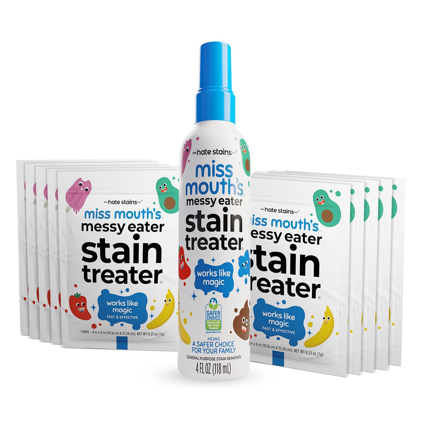 Miss Mouth's Messy Eater Stain Treater Spray - 4oz & 10 Wipes Stain Remover - Newborn & Baby Essentials - No Dry Cleaning Food, Grease, Coffee Off