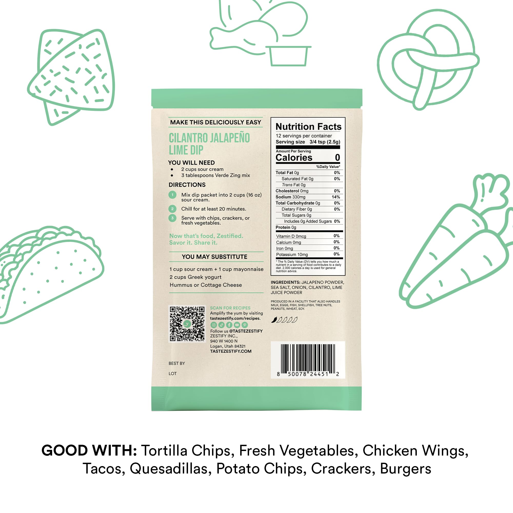Zestify Verde Zing - Cilantro Jalapeno Lime Dip and Seasoning Mix | No Articial Ingredients, Anti-Caking Agents or Fillers (4x 1 oz seasoning packets)