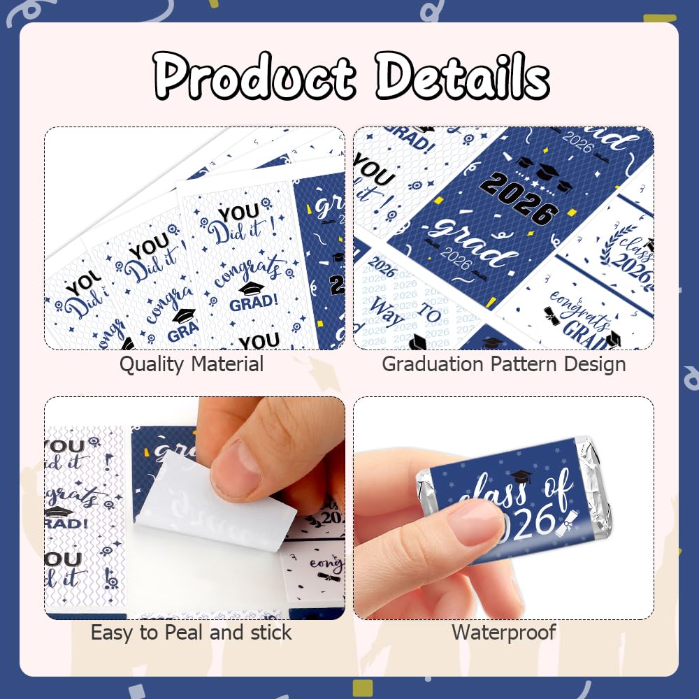 Graduation Party Decoration 2025 Graduation Label Stickers, 240 PCS Congrats Grad Mini Blue White Candy Wrapper Class Of 2025 Chocolate Bar Stickers