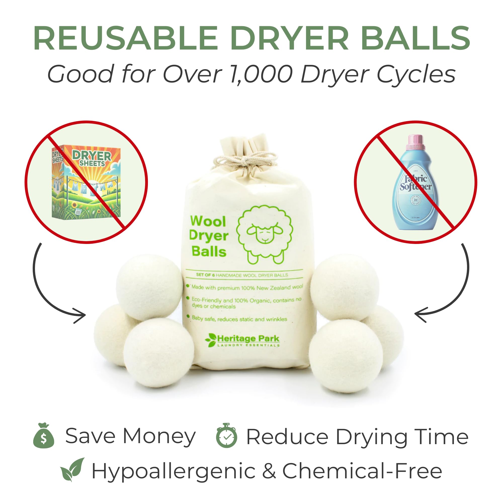 Heritage Park Wool Dryer Balls - 100% New Zealand Wool Handmade, Reusable Dryer Balls for Laundry - Decrease Drying Time - Set of 6 with Storage Bag