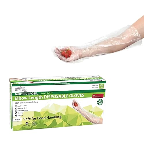 KLEEN CHEF Disposable Food Handling Elbow Length Poly Gloves | One Size Fits Most, 100 per box (1 box)