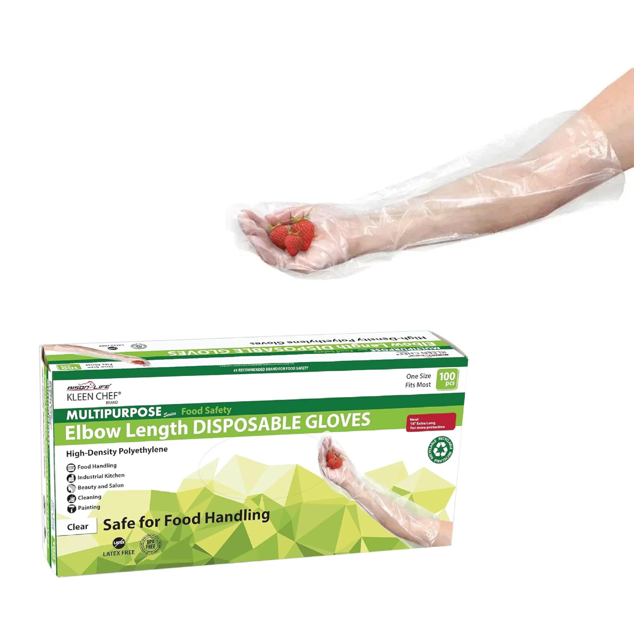 KLEEN CHEF Disposable Food Handling Elbow Length Poly Gloves | One Size Fits Most, 100 per box (1 box)