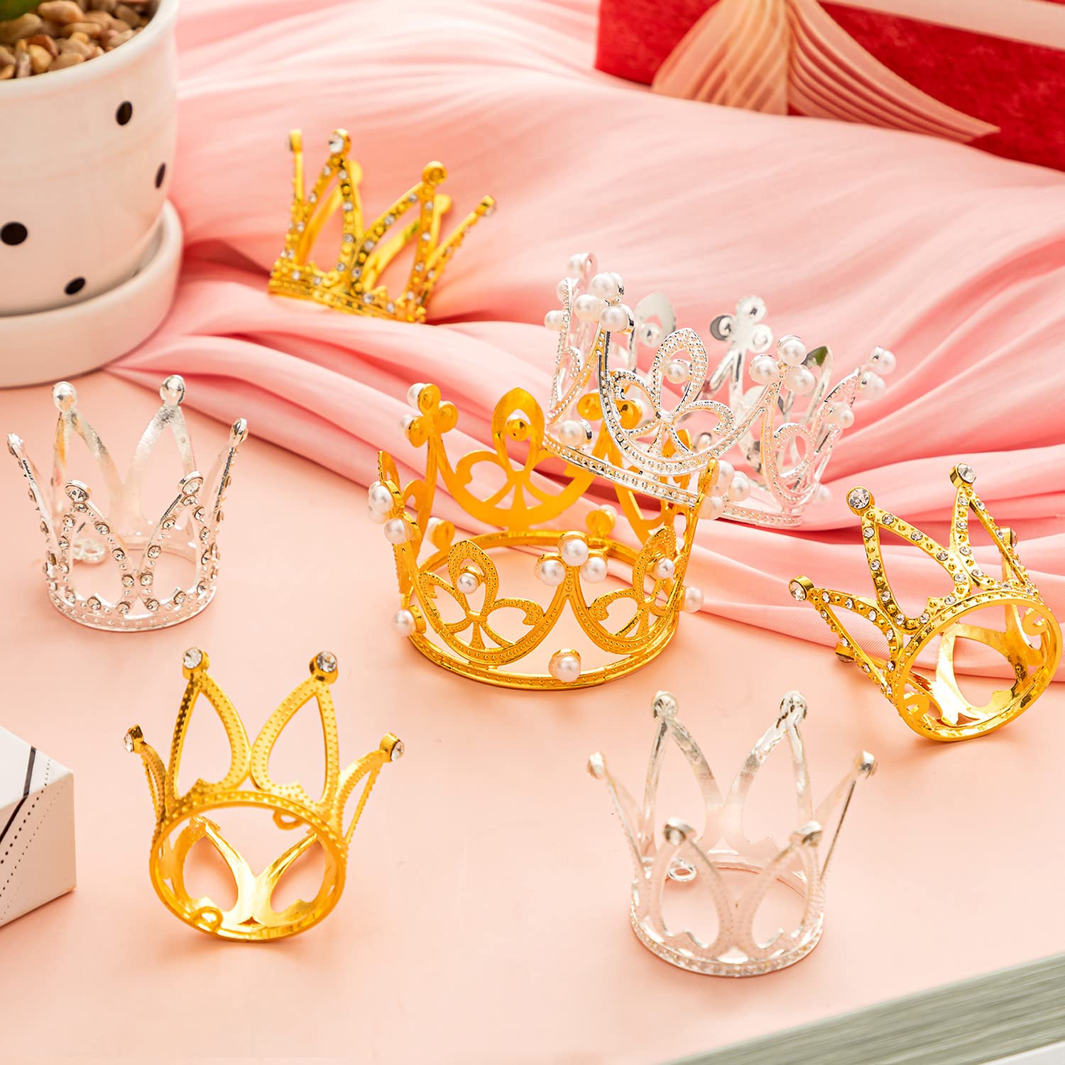 15Pcs Crown Cake Topper, Gold Silver Mini Crowns, Small Crystal Pearl Cupcake Toppers for Flower Arrangements Cupcake Baby Shower Birthday Party