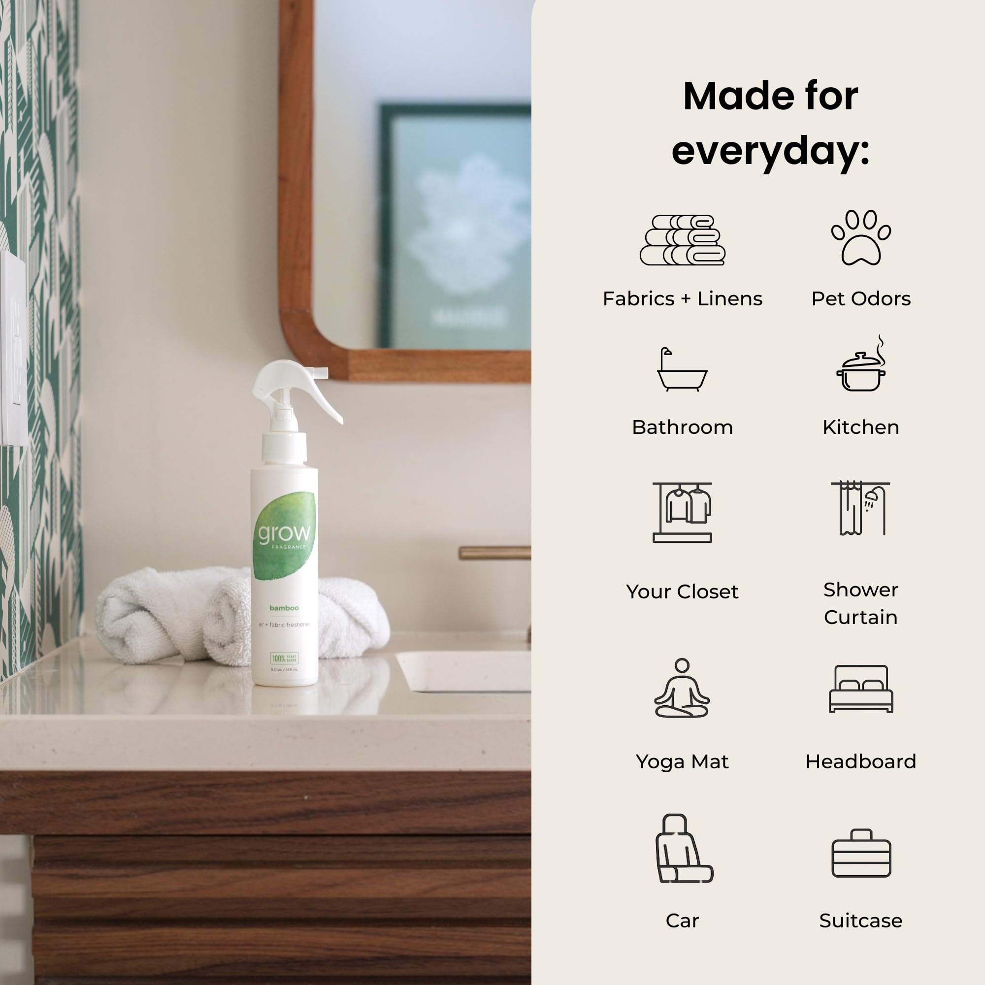 Grow Fragrance Scented Fabric and Room Air Freshener Spray - Certified Non-Toxic, 100% Plant-Based Essential Oils - 5 oz (Bamboo 2-Pack)
