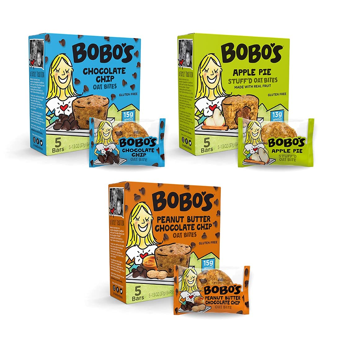 Bobo's Oat Bite Sampler Variety - Chocolate Chip, Stuff'd Peanut Butter Chocolate Chip, and Stuff'd Apple Pie, Whole Grain Oats, Plant Based, Gluten
