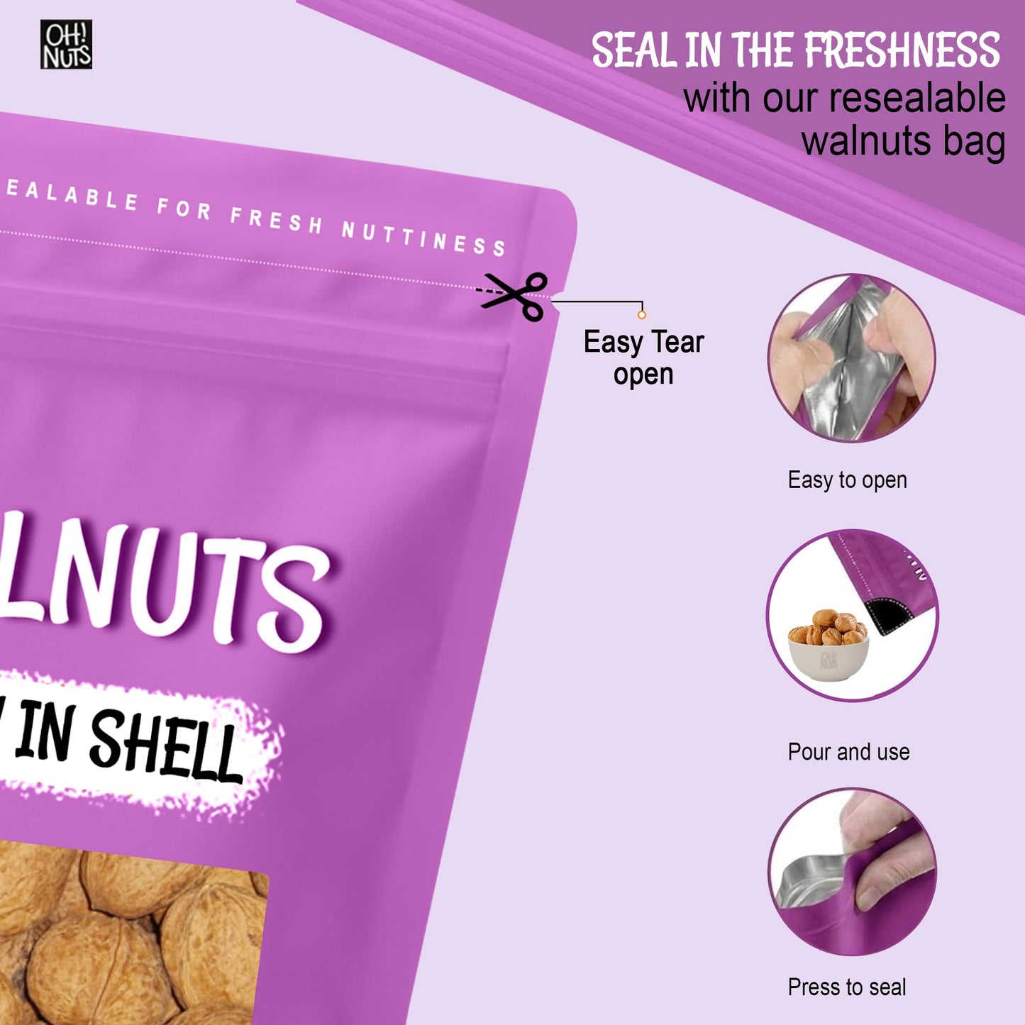 Oh! Nuts Walnuts in Shell - Raw - 100% Natural - 2 lb - Whole Walnuts for a Healthy Vegan Snack - Packed in New York Zip-Seal Bag for Exceptional
