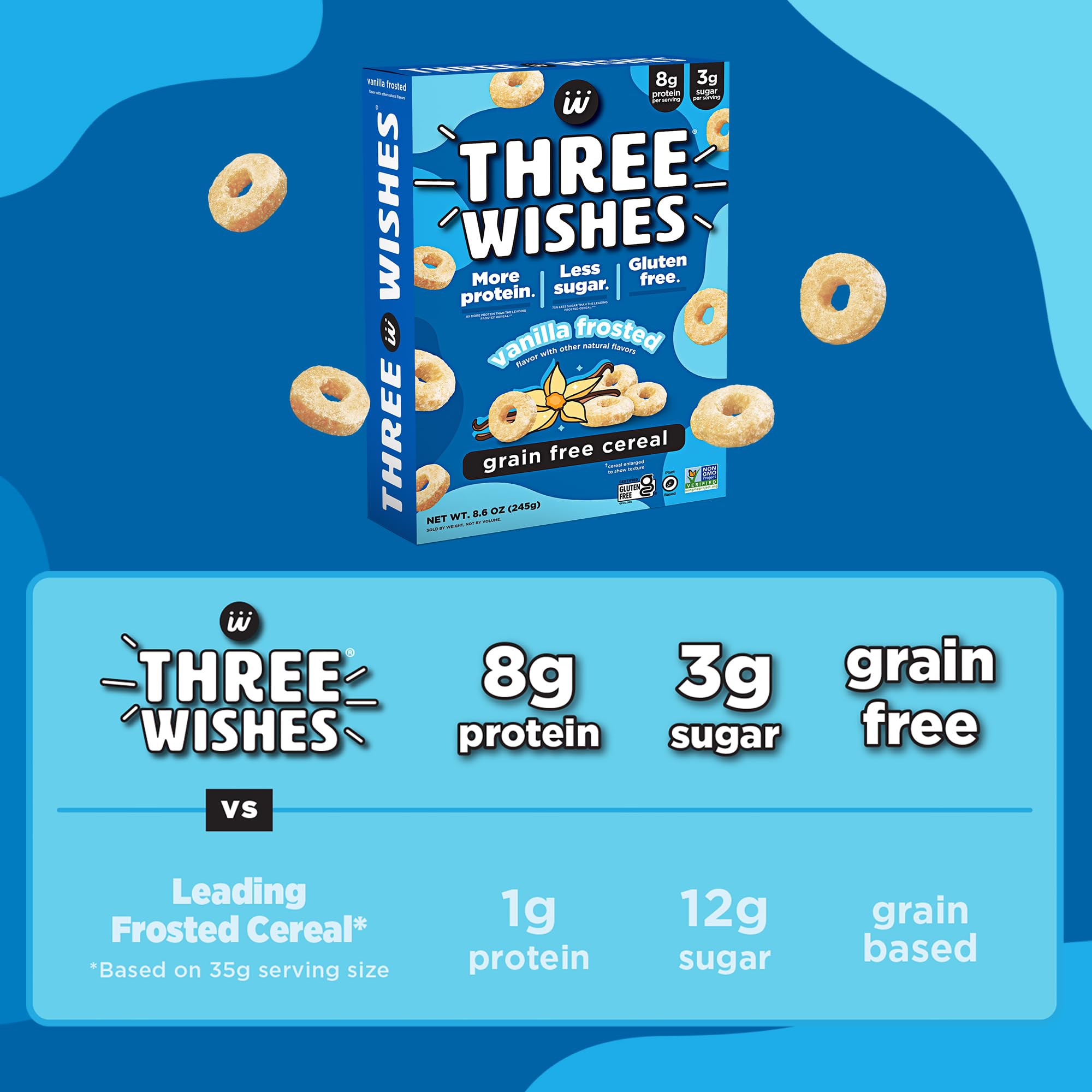 Three Wishes Grain-Free Protein Breakfast Cereal - 8g Protein and 3g Fiber - Healthy, Low-Sugar Breakfast Cereal, Gluten Free, Vegan-Friendly, Non-GMO