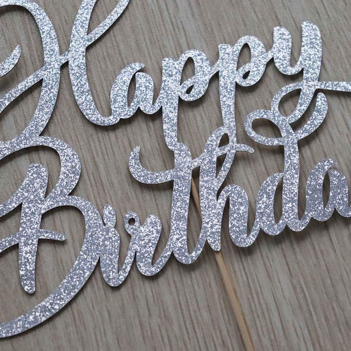 AMINJIE Happy Birthday Cake Topper - Birthday Party Decorations, Double Sided Silver Glitter