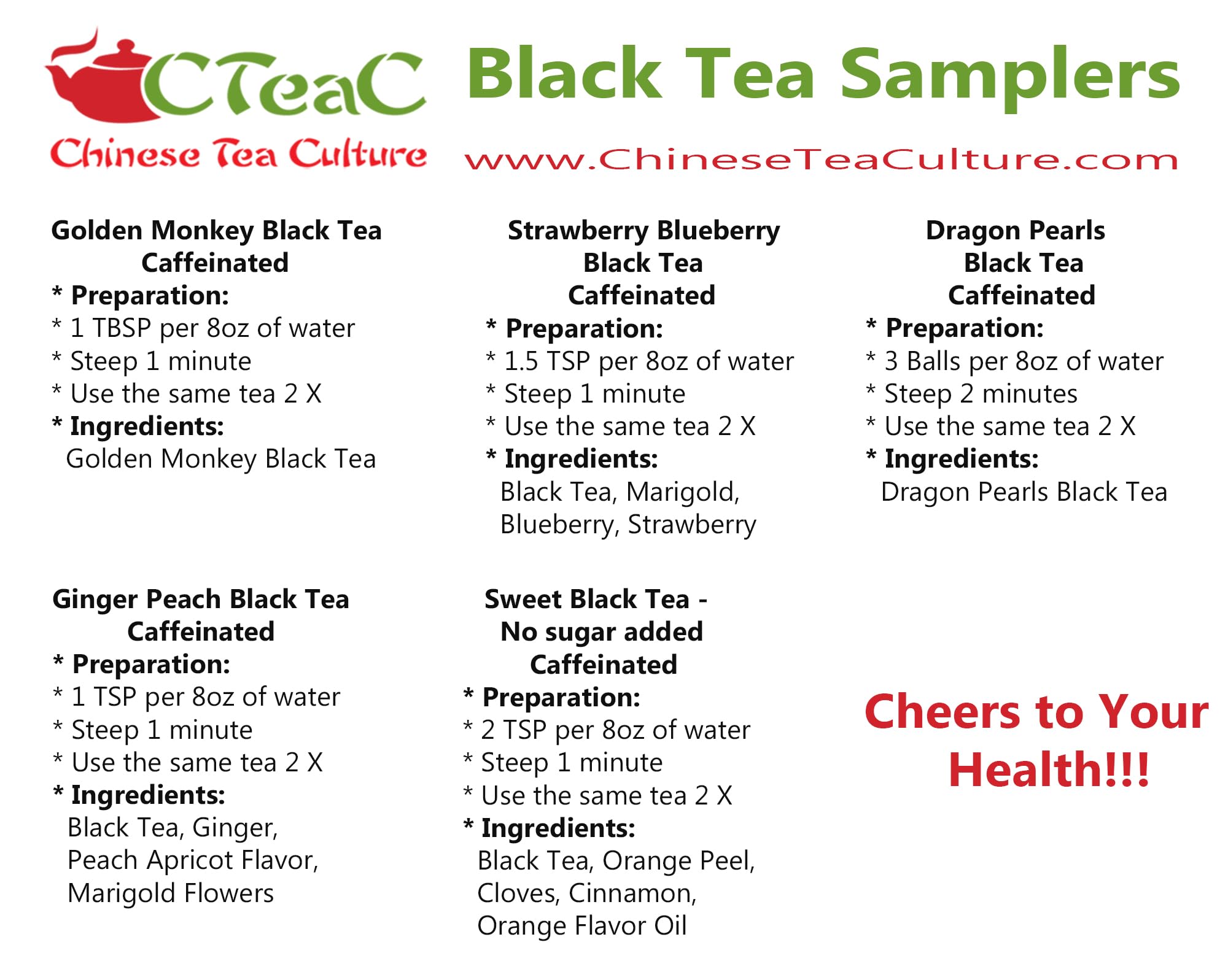 5 Black Tea Samplers, Caffeinated, Sweet Black Tea (No Sugar Added), Dragon Pearls Tea, Golden Monkey Tea, Ginger Peach Tea, Strawberry Blueberry Tea