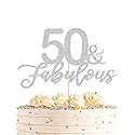 AHAORAY 50 Fabulous Cake Topper, Premium Silver Glitter Cardboard Cake Decoration for 50th Happy Birthday Party - Fifty and Fabulous Cake Topper