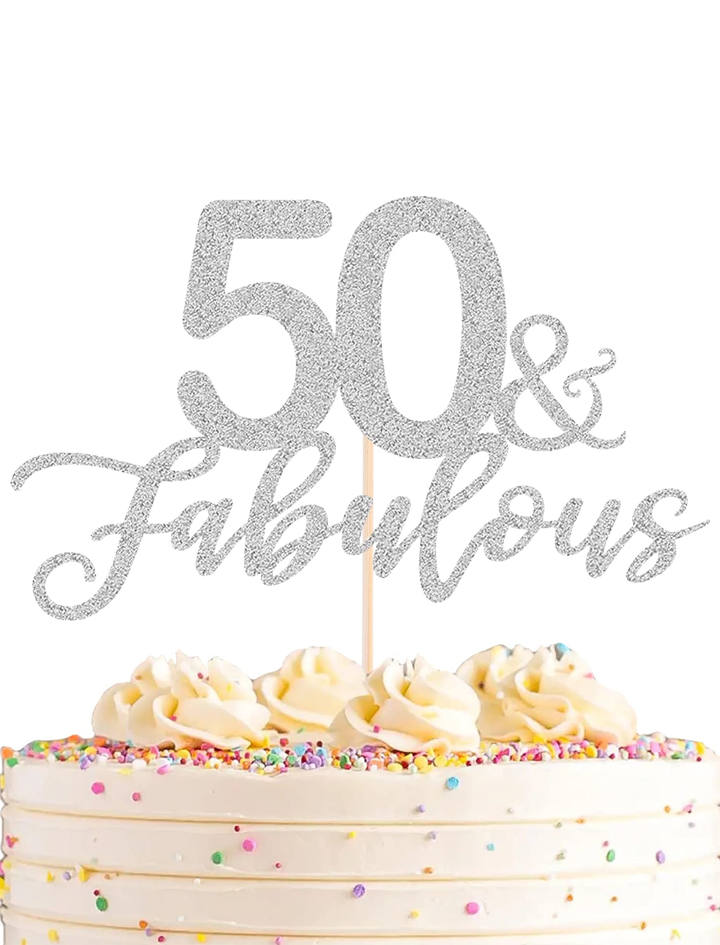 AHAORAY 50 Fabulous Cake Topper, Premium Silver Glitter Cardboard Cake Decoration for 50th Happy Birthday Party - Fifty and Fabulous Cake Topper