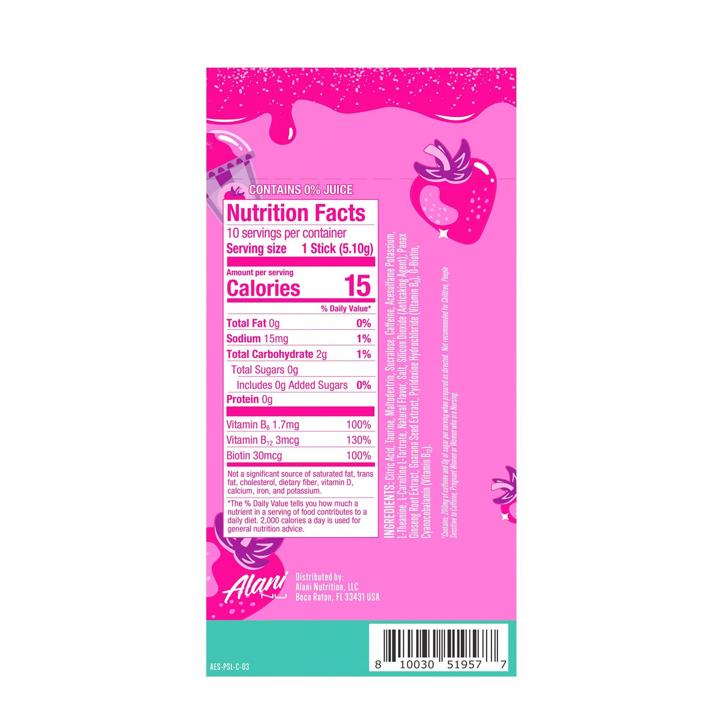 Alani Nu PINK SLUSH Energy Sticks, Energy Drink Powder, 200mg Caffeine, Pre Workout Performance with Antioxidants, On-The-Go Drink Mix, Biotin, B