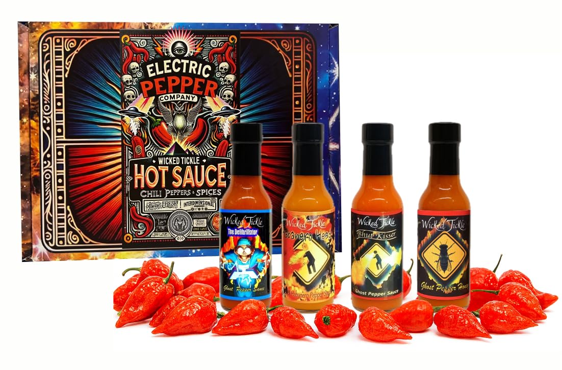 Wicked Tickle Ghost Pepper & Habanero Hot Sauce Gift Set - 4 Pack + Bonus 7 Ghost Peppers, 5 oz Bottles