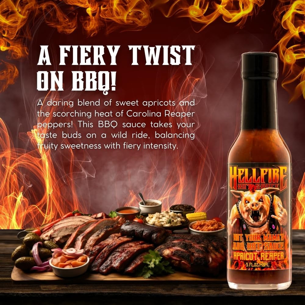 Hellfire Hot Sauce Not Your Mama’s BBQ Sauce Apricot Reaper - Multi Award Winning Gourmet BBQ Hot Sauce! A tomato based BBQ sauce created with fire