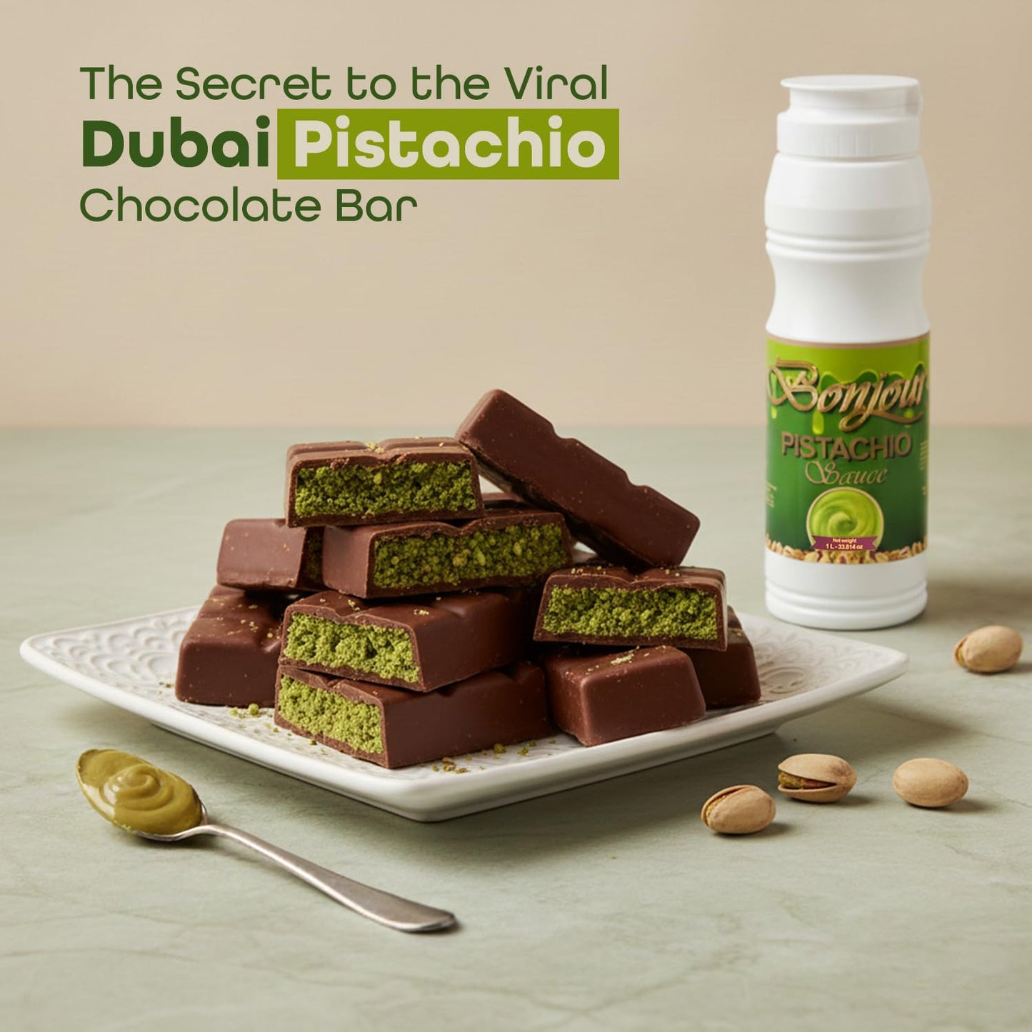 Bonjour Pistachio Cream Sauce - Adds Rich Nutty Flavor & Smooth Finish - Non-GMO Pistachio Sauce Spread & Paste with Butter for Sweet & Savory Dishes