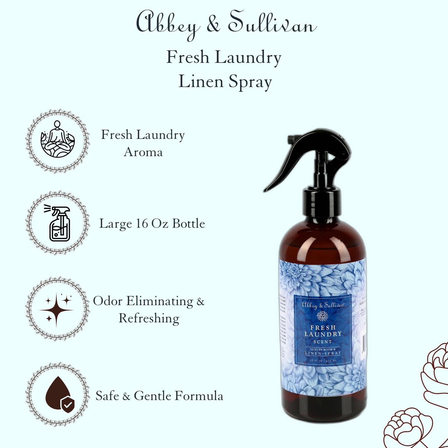 Abbey & Sullivan Odor Eliminating and Refreshing Linen and Room Spray, Fresh Laundry, 16 oz