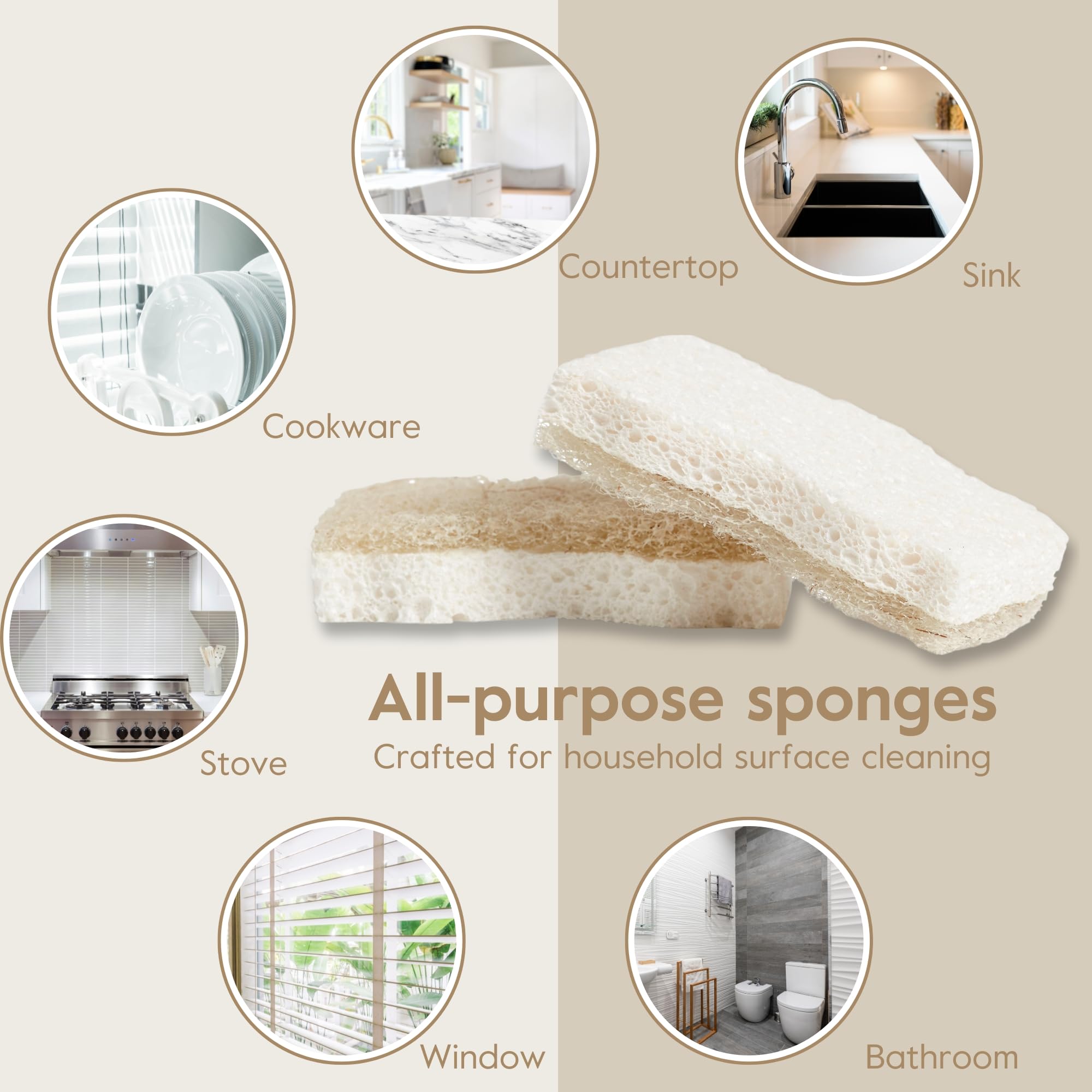 Grove Co. Sponges, Natural Coconut Scrubber Kitchen Sponge, Dual-Sided, Non-Scratch, Super Absorbent Plant-Based Cellulose with Coconut Husk Scourer