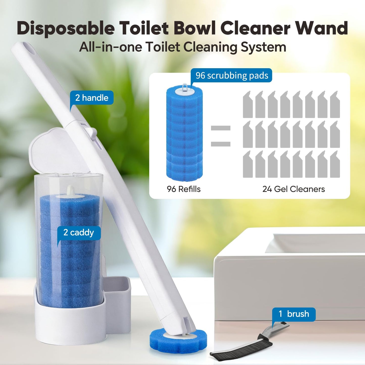 2 Pack Disposable Toilet Brush and Holder Set, Wall Mounted Toilte Wand Kit, Disposable Bowl Ceaner Wand and Caddy with 96 Refills for Closestool