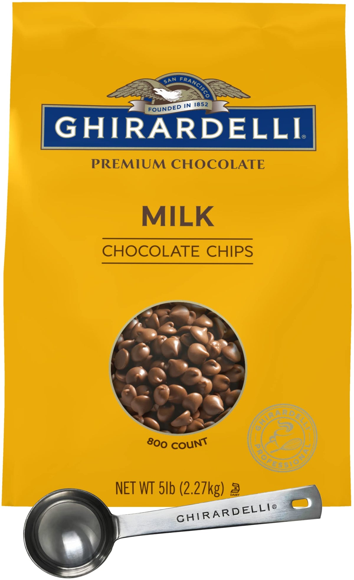 Ghirardelli Milk Chocolate Chips, 5lb Bag with Ghirardelli Barista Spoon
