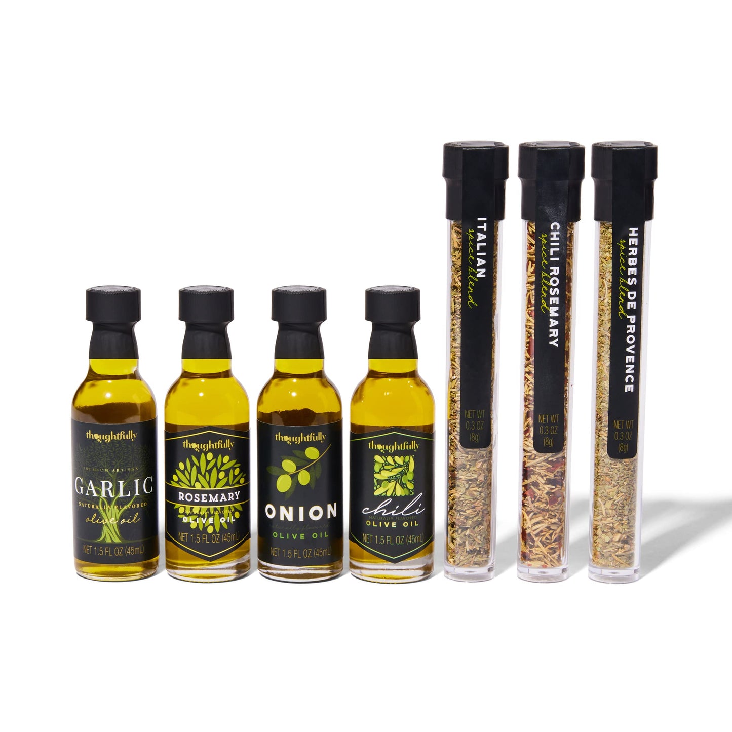 Thoughtfully Gourmet, Olive Oil Spice Infusion Gift Set, Premium Cold Pressed Extra-Virgin Olive Oil from Spain, Includes 4 Flavored Olive Oils and 3 Flavorful Spice Infusion Blends, Set of 7