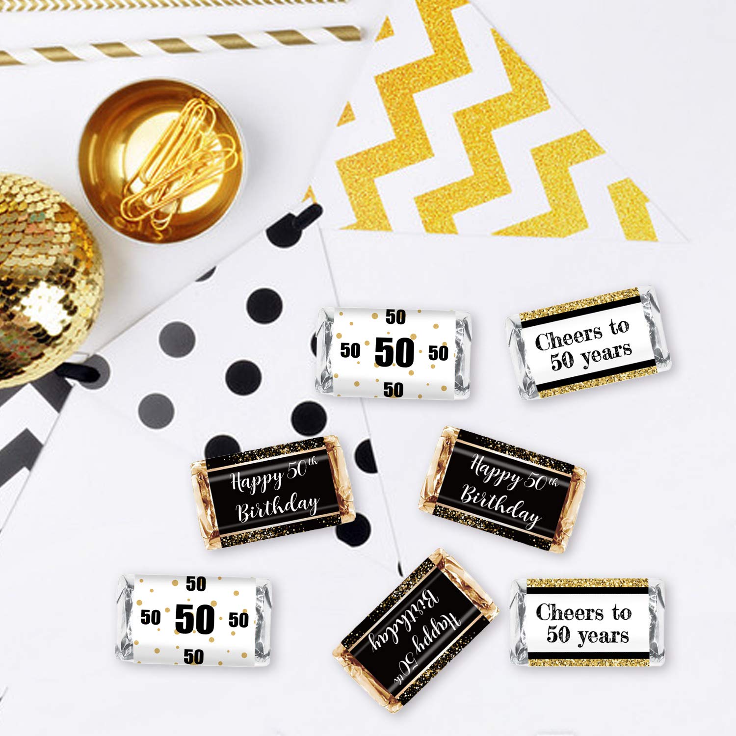Black & Gold 50th Birthday Party Mini Candy Bar Wrapper Stickers - 50th Birthday Party Favors - Pack of 54
