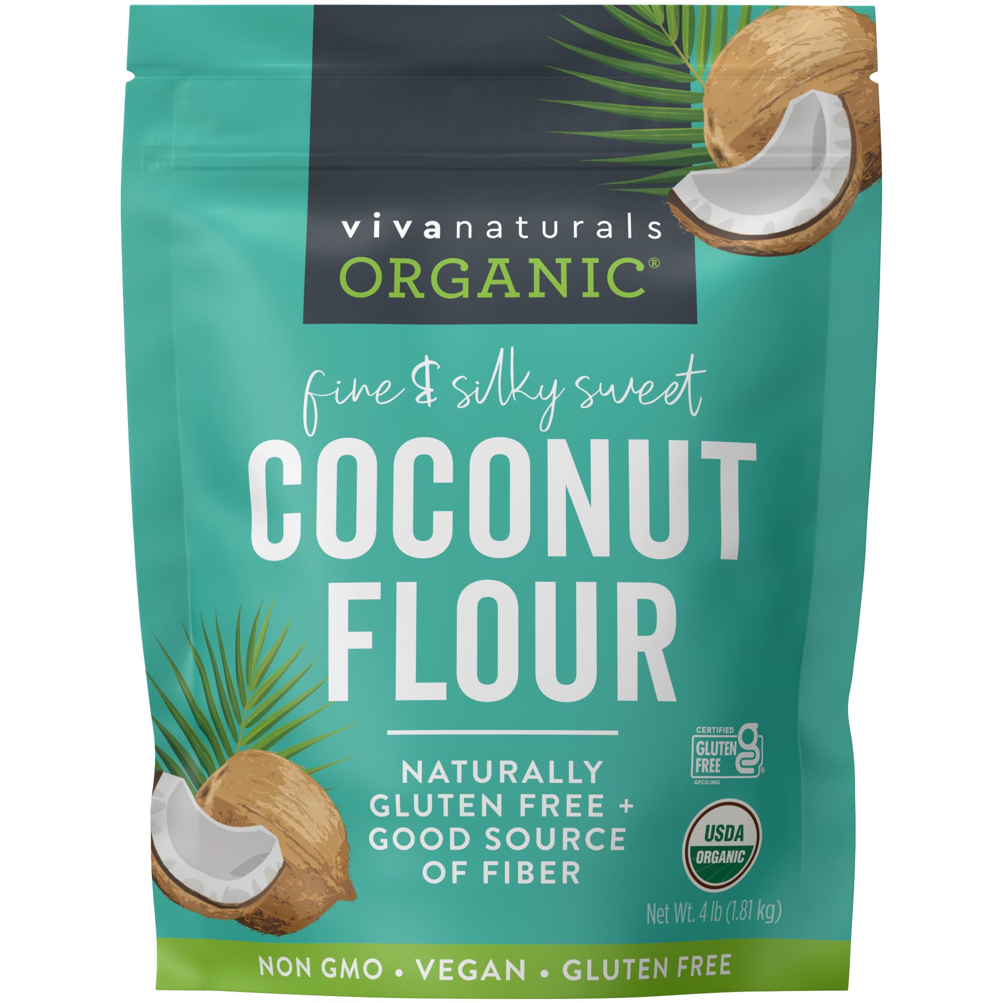 Viva Naturals Organic Coconut Flour, 4 lbs (1.81 kg) - Gluten Free Flour for Keto, Paleo & Vegan Baking, Good Source of Fiber, Low Fat, Non-GMO