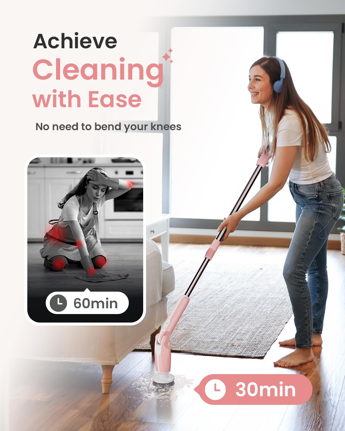 Leebein Electric Spin Scrubber, Shower Scrubber with 4 Adjustable Angles and 8 Brush Heads, Electric Scrubber with Long Handle & Remote Controller