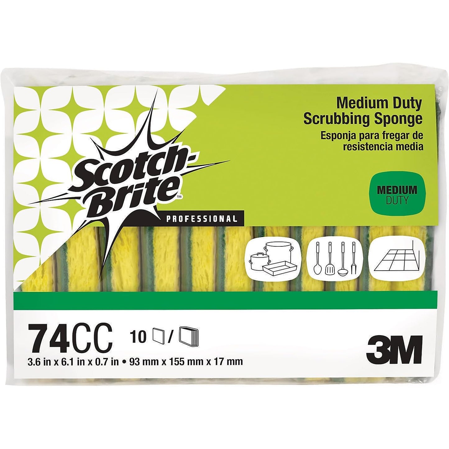 Scotch-Brite PROFESSIONAL Medium-Duty Scrubbing Sponge, 3.6 X 6.1, 0.7" Thick, Yellow/green, 10/pack
