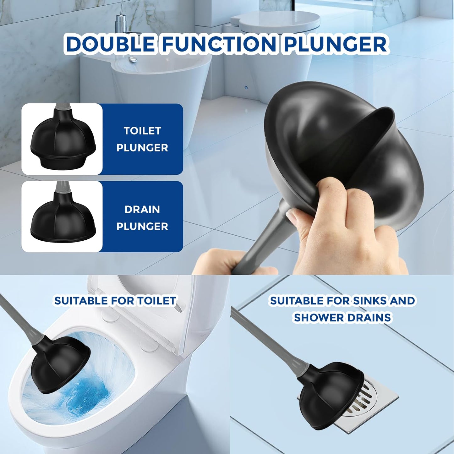 2 in 1 Toilet Brush and Plunger Set - Toilet Brush with Solid Handle, Stand and Holder for Deeply Cleaning in Bathrooms - Plastic Toilet Brush