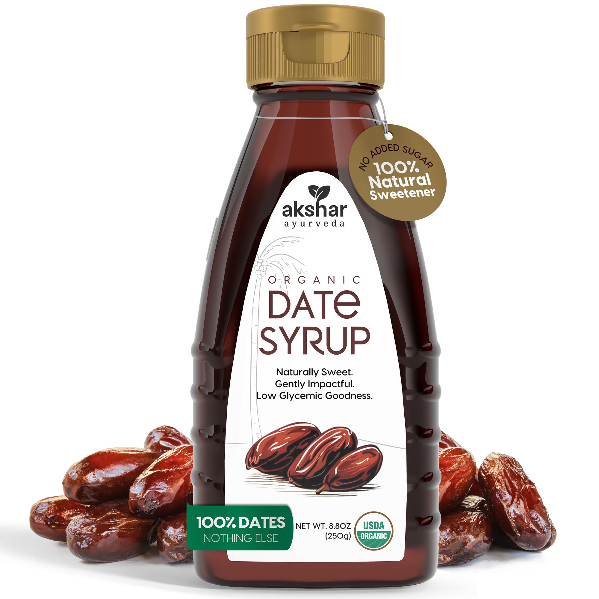 AKSHAR Ayurveda - Pure Date Syrup, Organic, No Sugar Added - Natural Sweetener Made from 100% USDA Raw Organic Dates - Low Glycemic Index, High Fiber Alternative to Sugar, Honey, Maple Syrup (8.8 oz)