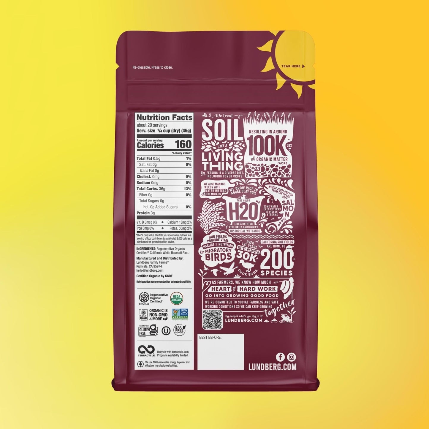 Lundberg Regenerative Organic Certified (Roc) Long Grain White Basmati Rice - Non-Sticky, Fluffy Aromatic Organic Rice Grown in California, 32 Oz