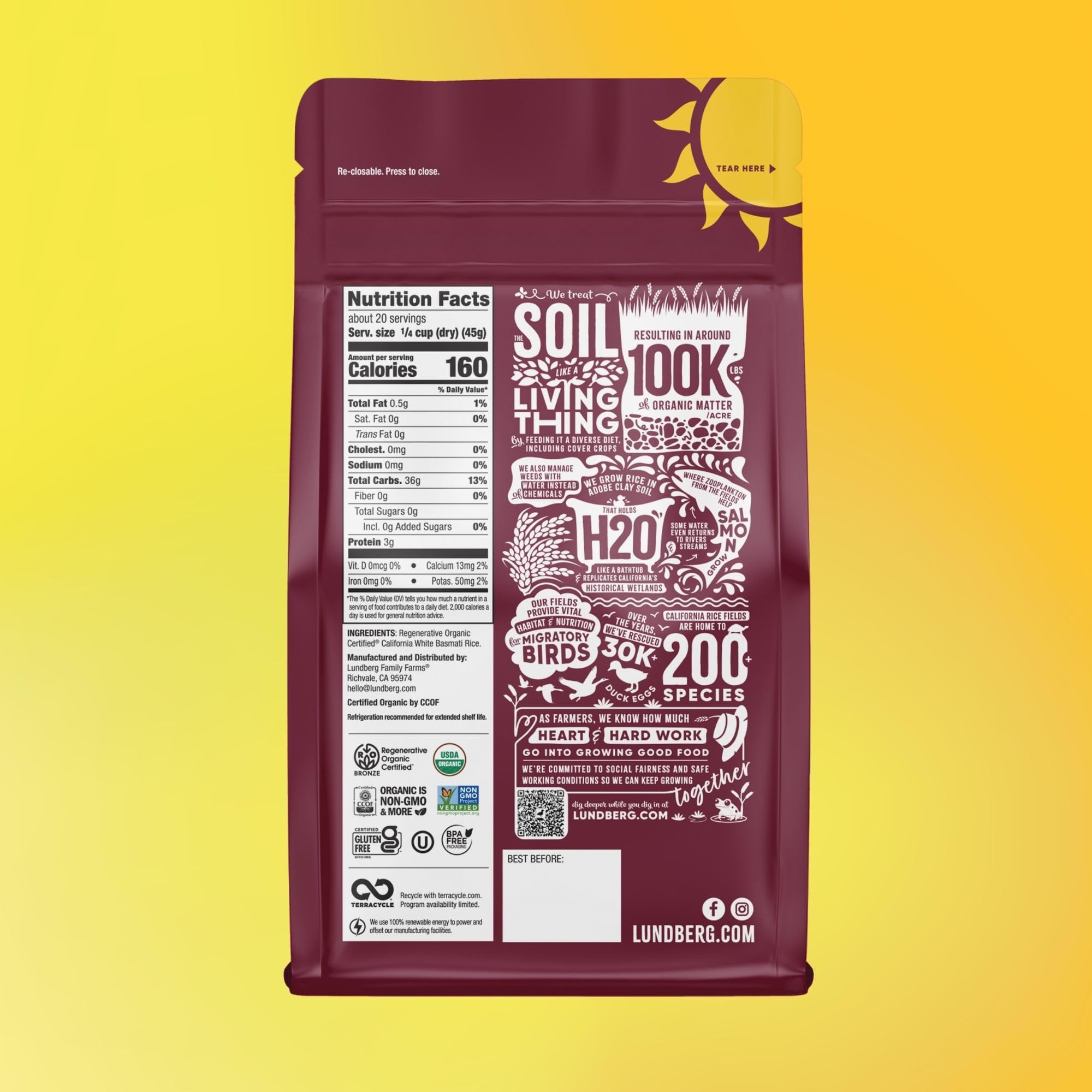 Lundberg Regenerative Organic Certified (Roc) Long Grain White Basmati Rice - Non-Sticky, Fluffy Aromatic Organic Rice Grown in California, 32 Oz