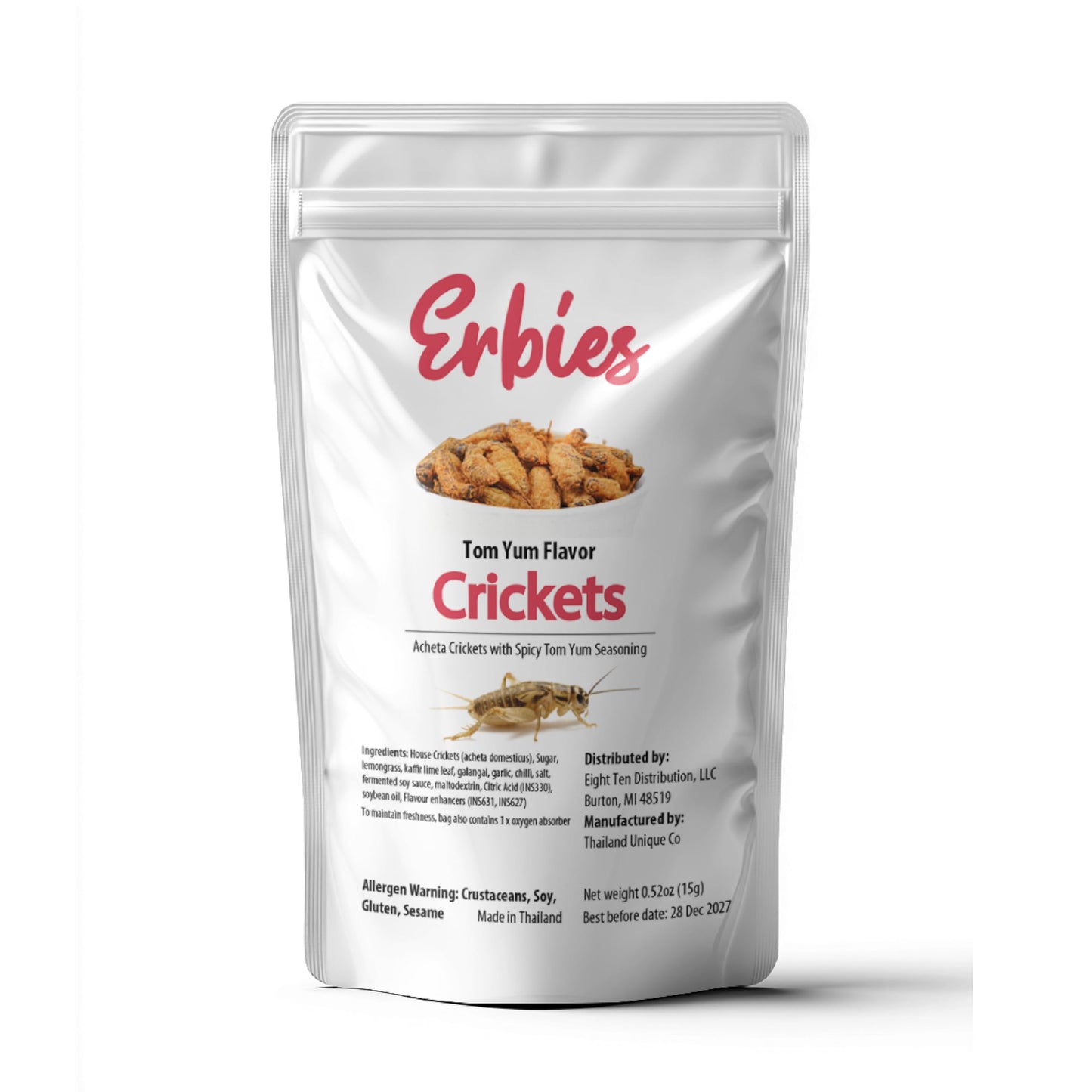Erbies Edible Crickets for Humans, Exotic Food Bug Snacks & High Protein Edible Cricket Snacks for Humans, Tom Yum Flavor 15g Bag