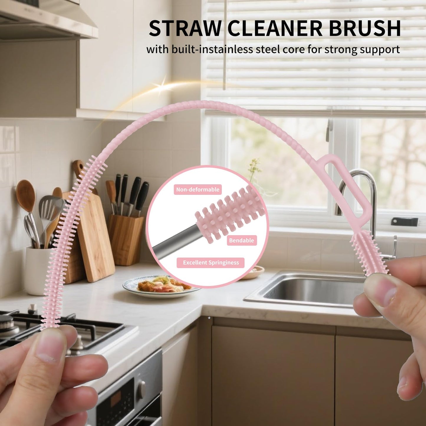 vodvob 2Pcs Premium Silicone Straw Cleaner Brush, 9.84in Extra Long Flexible Straw Cleaning Tool for Glass & Smoothie Straws (Pink, 6mm/9mm)