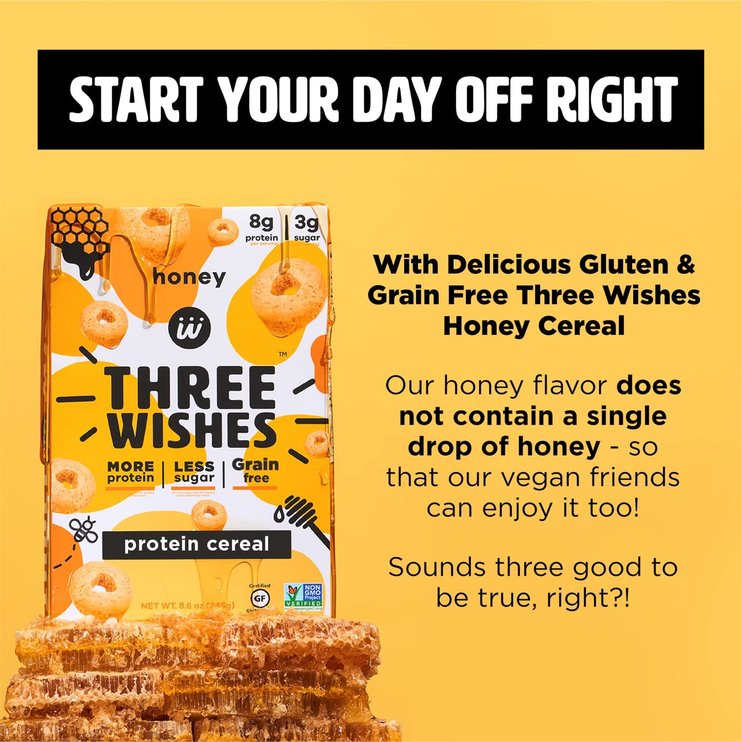 Protein and Gluten-Free Breakfast Cereal by Three Wishes (1-Pack) - High Protein and Low Sugar Snack - Vegan, Kosher, Grain-Free and Dairy-Free