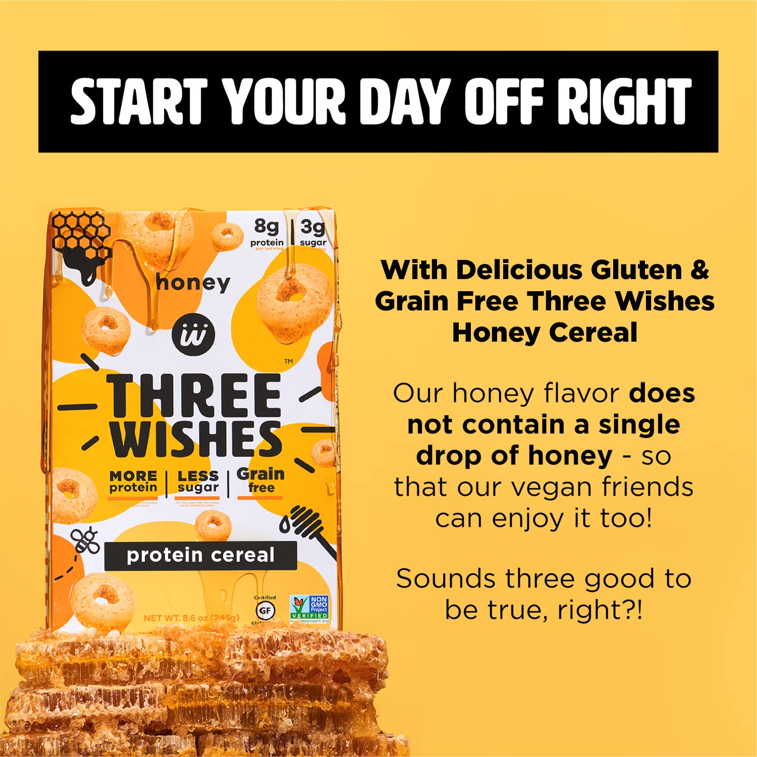 Protein and Gluten-Free Breakfast Cereal by Three Wishes (1-Pack) - High Protein and Low Sugar Snack - Vegan, Kosher, Grain-Free and Dairy-Free
