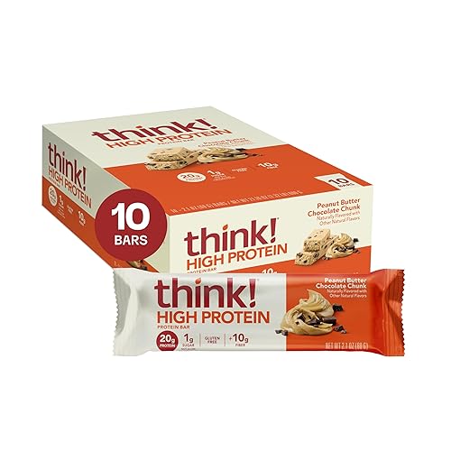 think! Protein Bars, High Protein Snacks, Gluten Free, High Fiber, Peanut Butter Chocolate Chunk, 10 Count