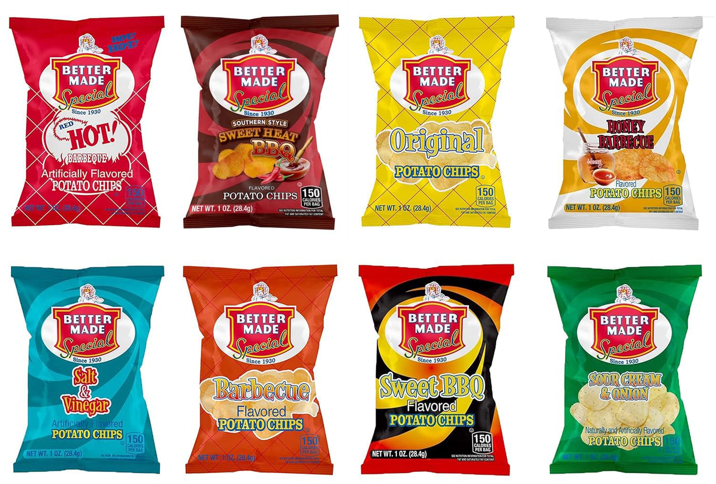 Better Made Special Variety Pack Potato Chips - Case of 50-1oz Bags - Original, BBQ, Sweet BBQ, Sweet Heat BBQ, Red HOT BBQ, Salt & Vinegar, Honey