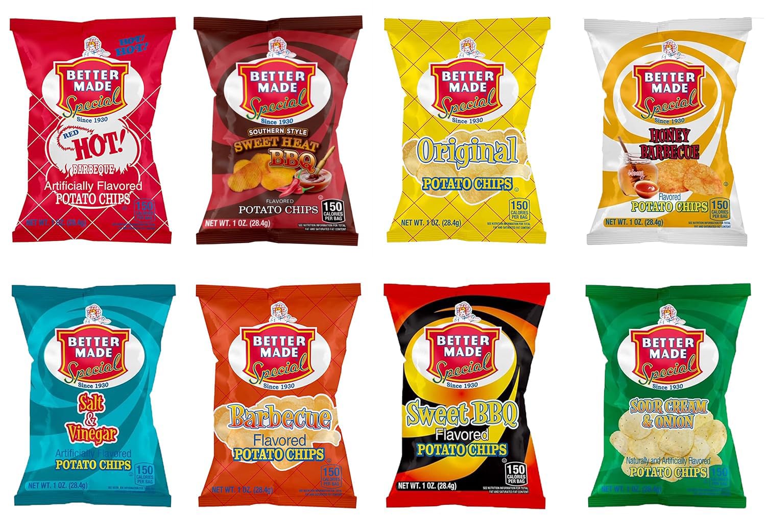 Better Made Special Variety Pack Potato Chips - Case of 50-1oz Bags - Original, BBQ, Sweet BBQ, Sweet Heat BBQ, Red HOT BBQ, Salt & Vinegar, Honey