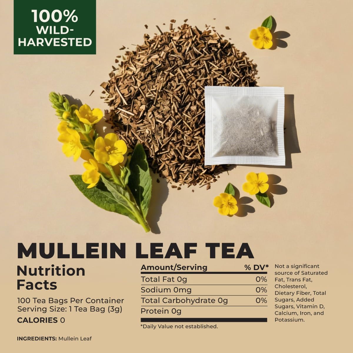 Gya Tea Co Mullein Leaf Tea Bags for Lungs (100 Bags) - Caffeine Free Mullein Herbal Tea for Health & Respiratory Wellness Support - No Additives