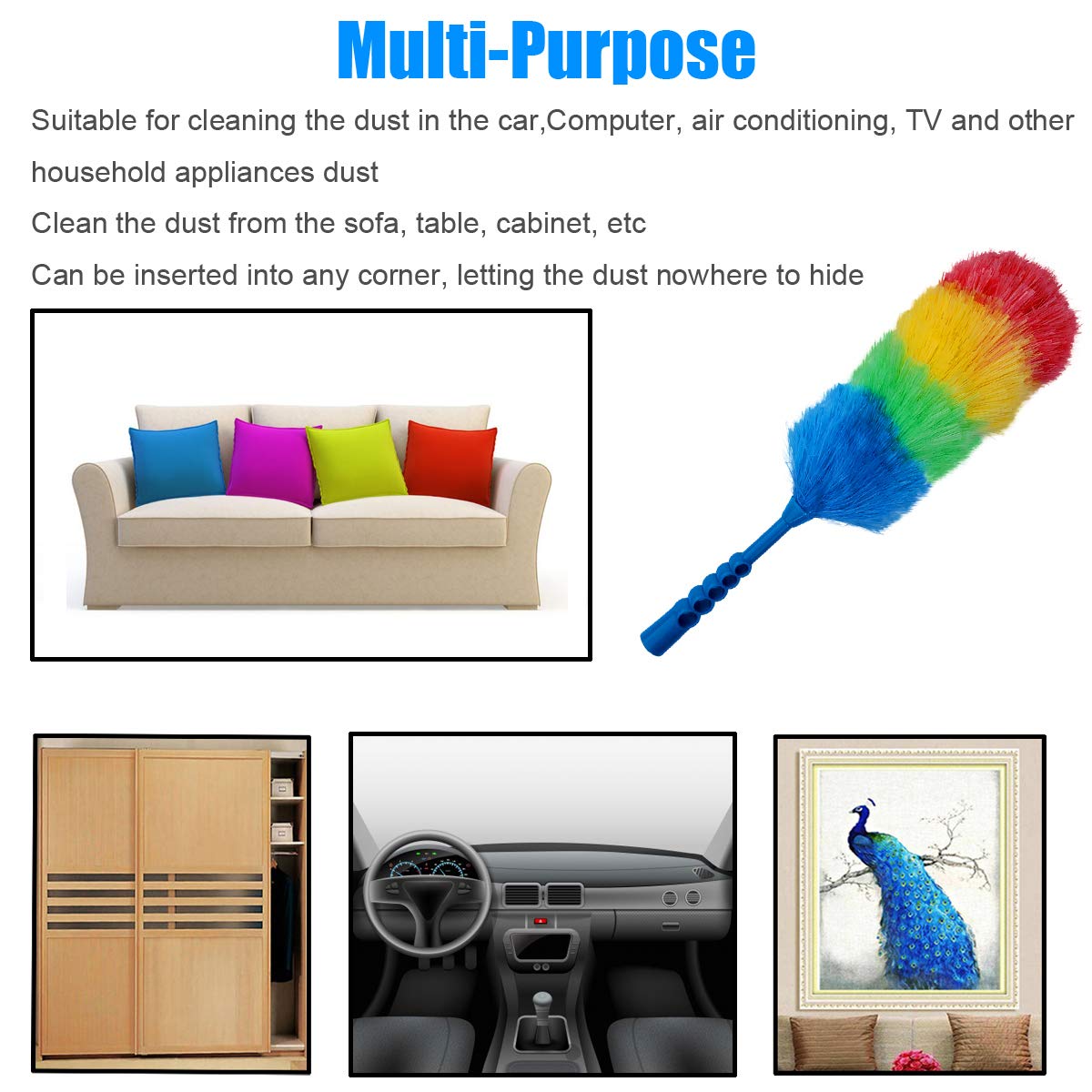 Tockrop 3 Pack Upgrade 19” Rainbow Static Feather Duster with Beandable and Washable Head - More Fibers Bigger Head Less Loss of Fiber