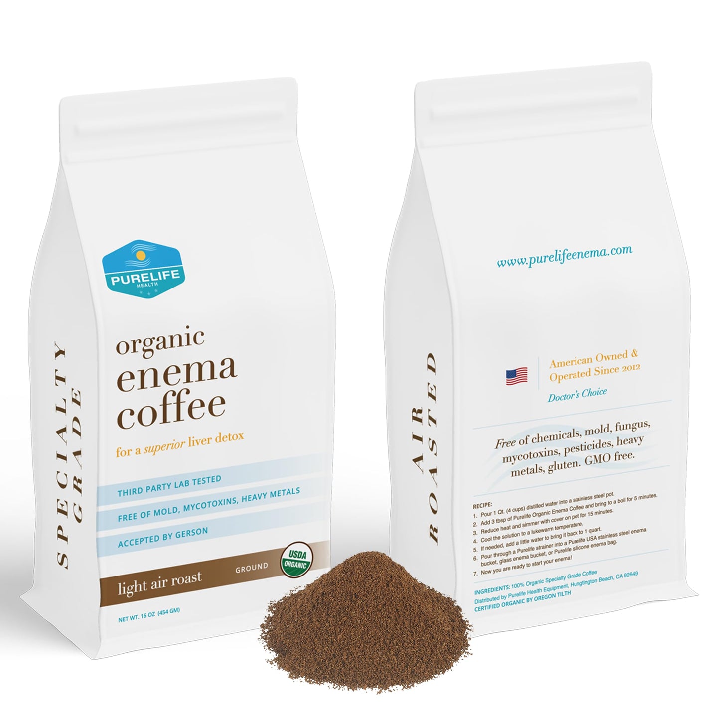 Purelife Enema Coffee- Certified Organic - Light "Air" Roast - Ground - Specialty Grade -Third Party Lab Tested - Mycotoxin Free - Accepted By Gerson